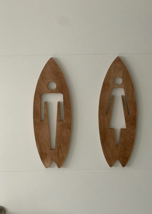 Gäste WC Toiletten Türschild Surf Art & Design, Vollholz Surfbrett Schild, Selbstklebend