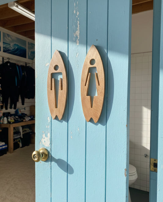 Gäste WC Toiletten Türschild Surf Art & Design, Vollholz Surfbrett Schild, Selbstklebend