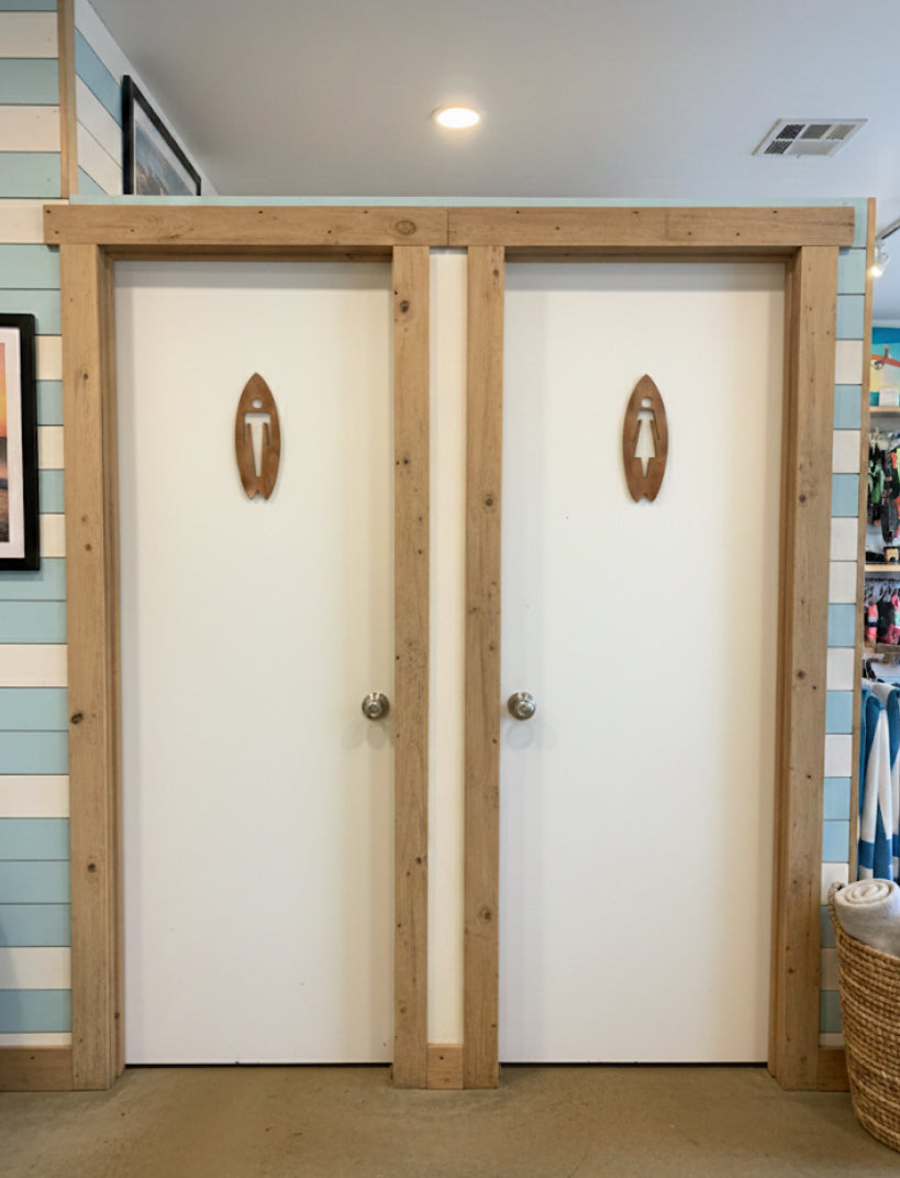 Gäste WC Toiletten Türschild Surf Art & Design, Vollholz Surfbrett Schild, Selbstklebend