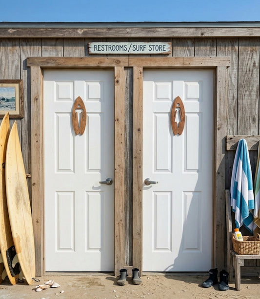 Gäste WC Toiletten Türschild Surf Art & Design, Vollholz Surfbrett Schild, Selbstklebend